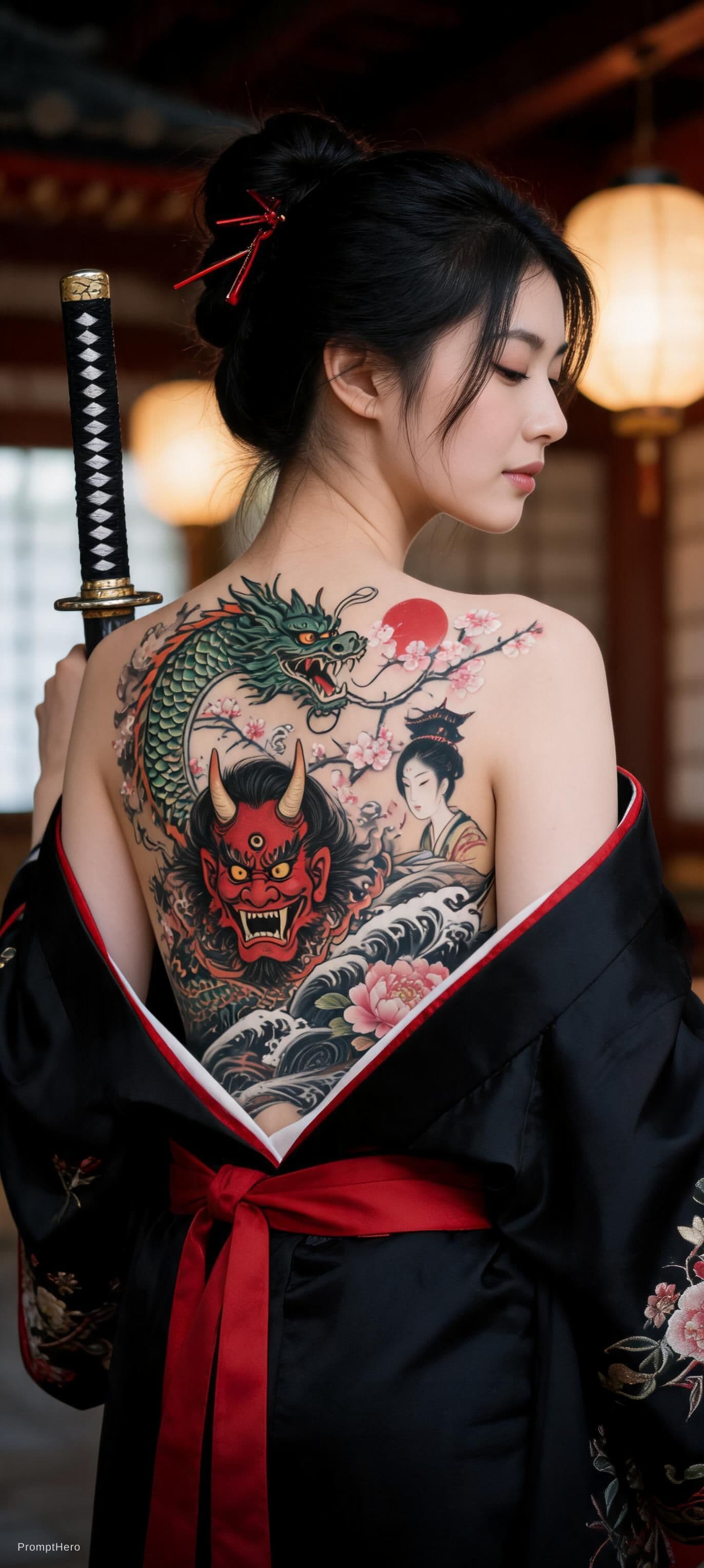 AI generated: Ultra-realistic photograph of a beautiful East Asian woman in her mid-20s, viewed from behind at a t...