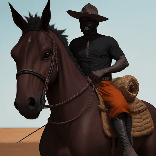 AI generated: Imagem de um homem mulato, de cerca de 30 anos de idade, montado em um cavalo de pelagem marrom-escu...