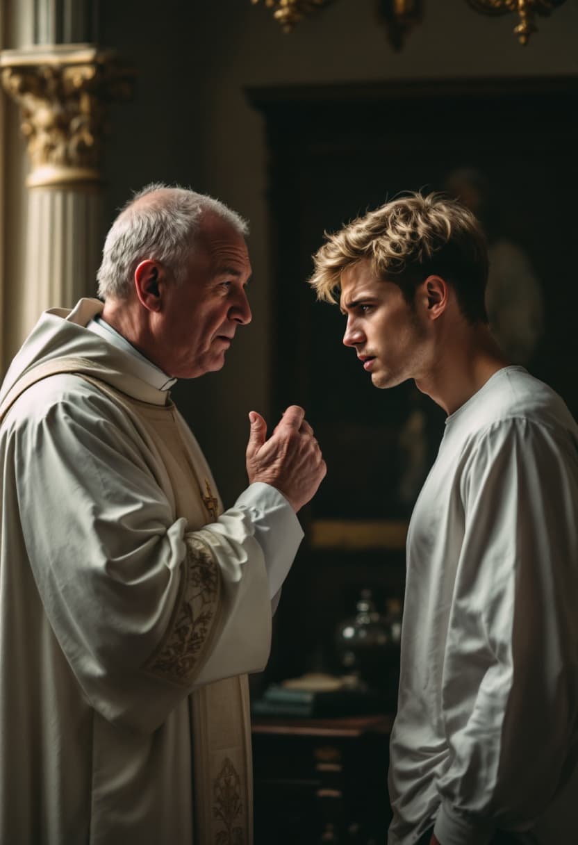 AI generated: photorealistic, catholic priest rebukes muscular, embarrassed  young blonde man in his office, 