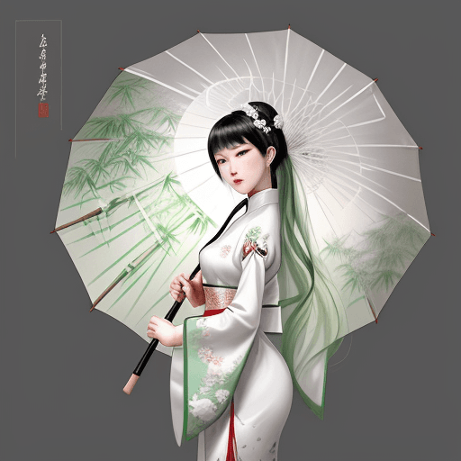 AI generated: painting of a woman dressed in traditional Chinese dress with a bamboo umbrella, in the style of rom...