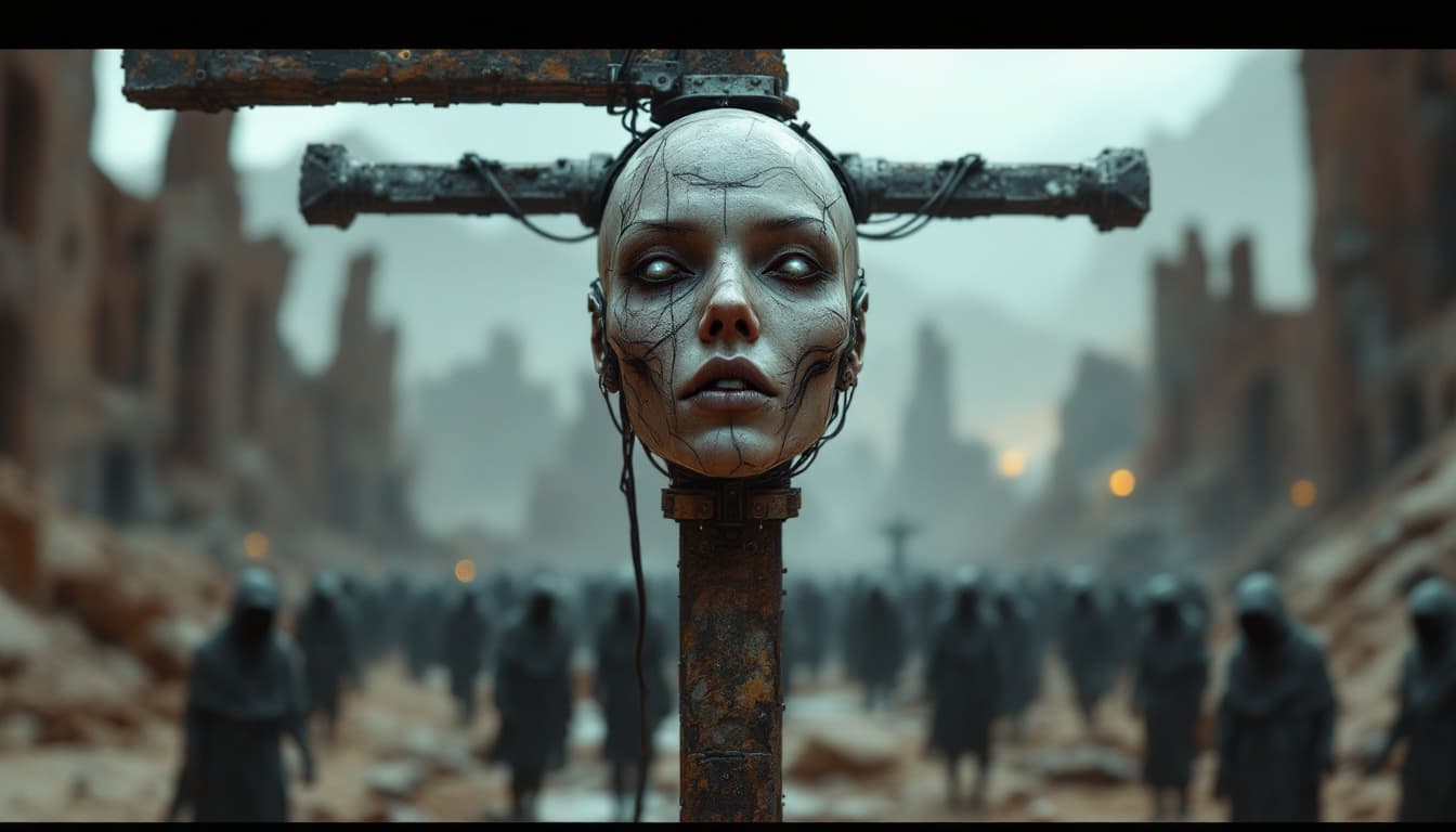 AI generated:  a sci-fi scenery a punishment representing three futuristic humanoids hybrids, in a full body view ...