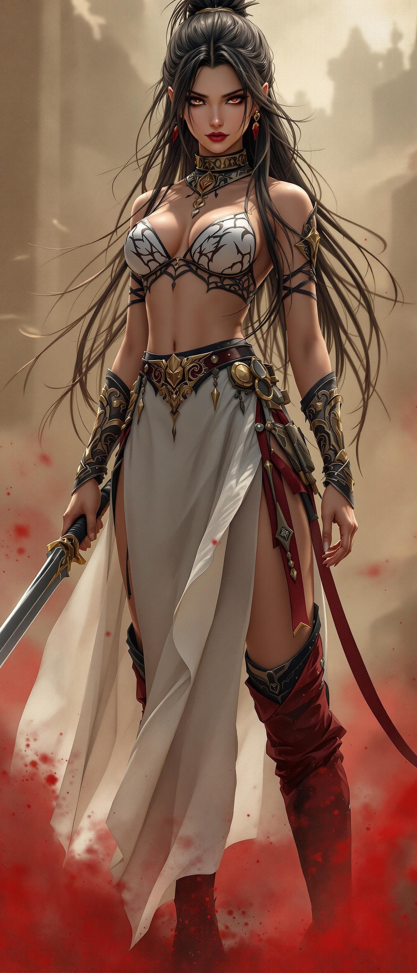 AI generated: A fierce warrior woman with long, flowing black hair tied in a high ponytail, wearing a revealing wh...