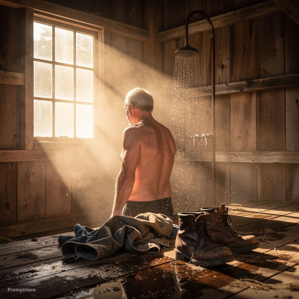 AI generated: photo realistic75 year old sweaty fat naked old man. uncircumcised gray hair. showers in old barn sh...