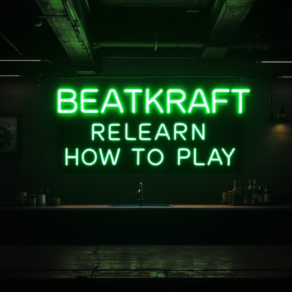 AI generated: hyper realistic dark green tube light writing in a bright industrial bar with the text - BEATKRAFT -...