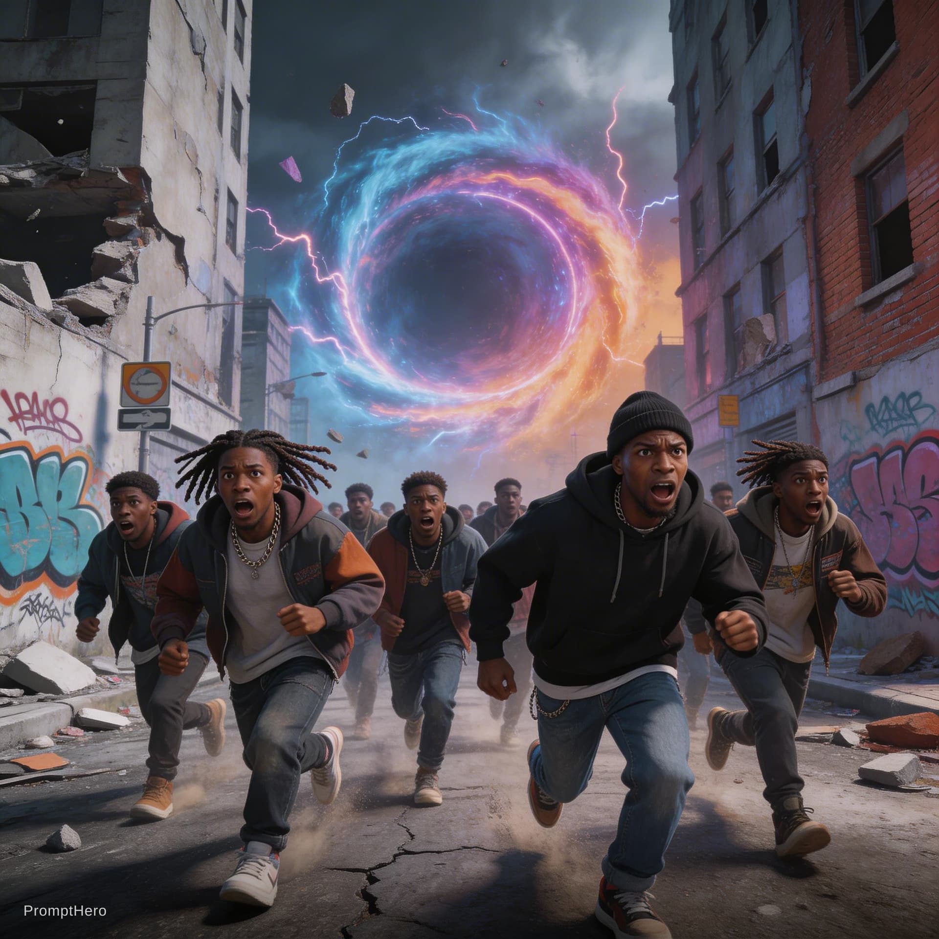 AI generated: A gritty, 3d styled illustration of a time portal with a lot of energy erupting around it ripping op...