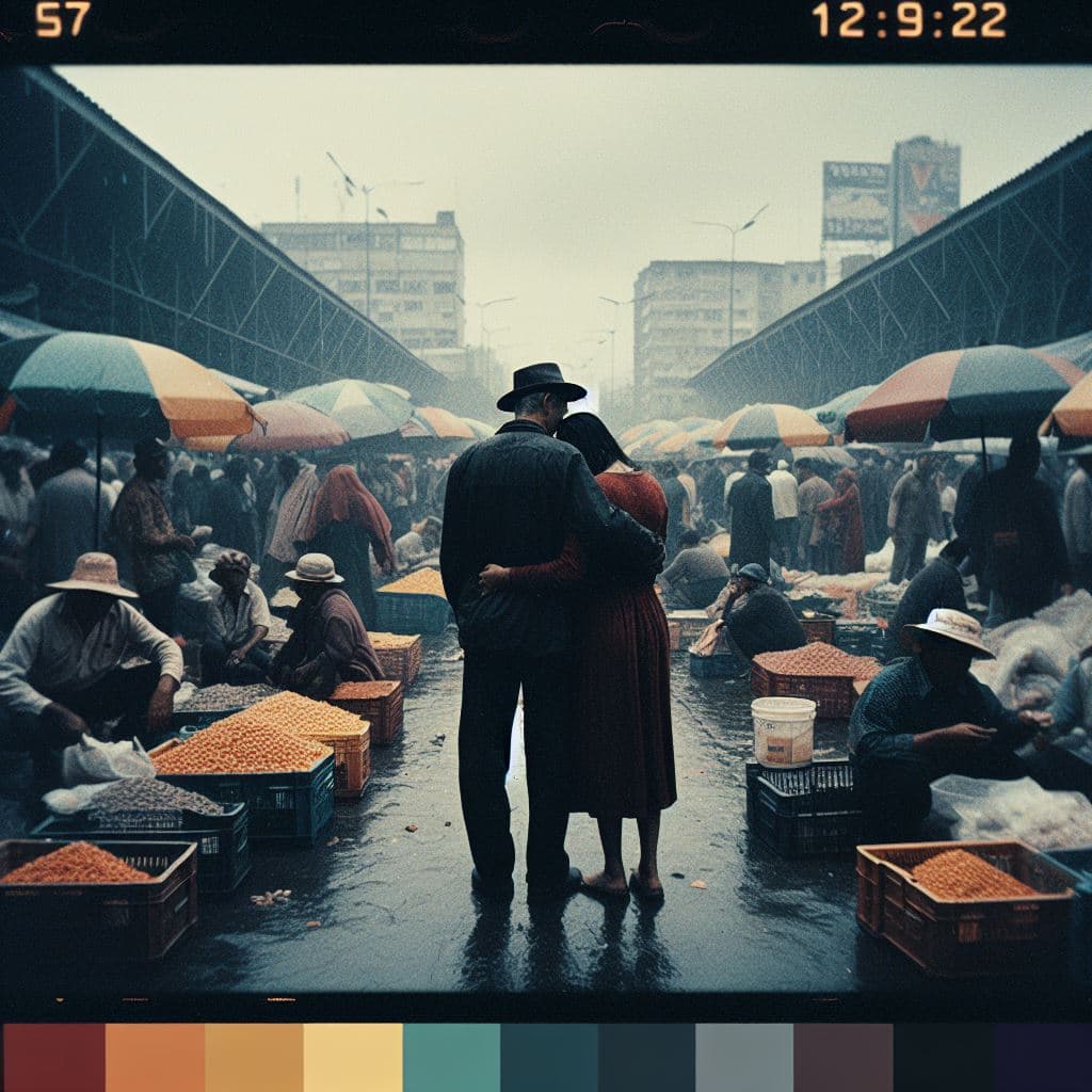 AI generated: In a sunday morning, a lower-class inmigrant family, share a moment in a crowded market, they are de...