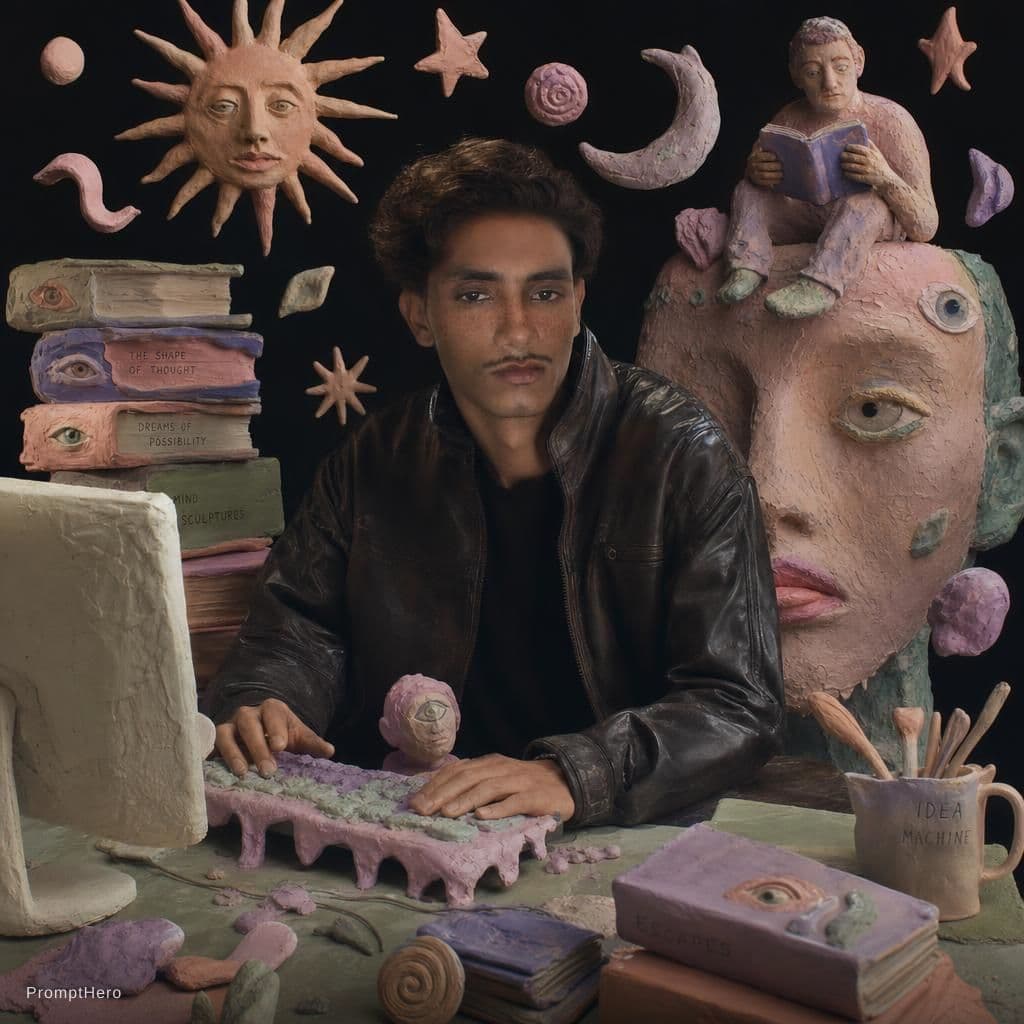 AI generated: surreal editorial composition, hyperrealistic human mixed with handmade plasticine sculptures, tacti...