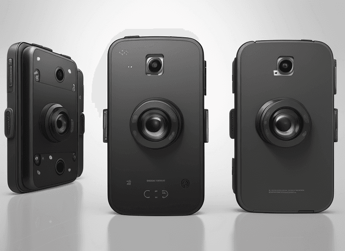 AI generated: Four smart phone backs, each same size with 3 cameras, each a different style , back view, cad photo...
