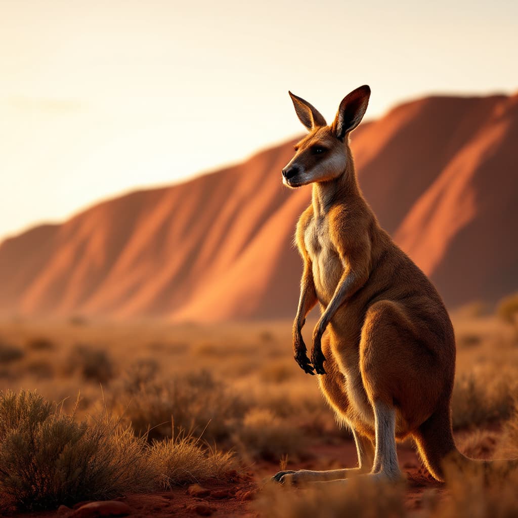 AI generated: Photo of a ultra realistic Big Red Muscular Kangaroo of Australia standing close to the magnificent ...