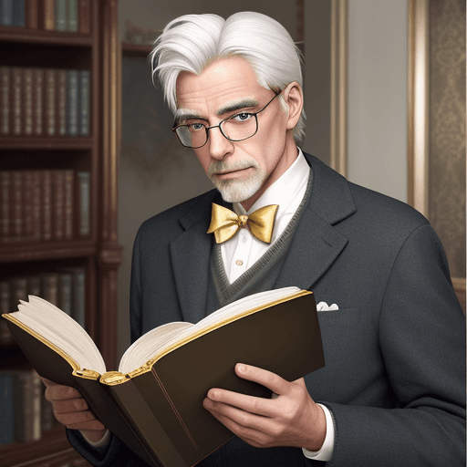 AI generated: realistic photography, mature man, thin, with white hair, without a beard, reading glasses with gold...