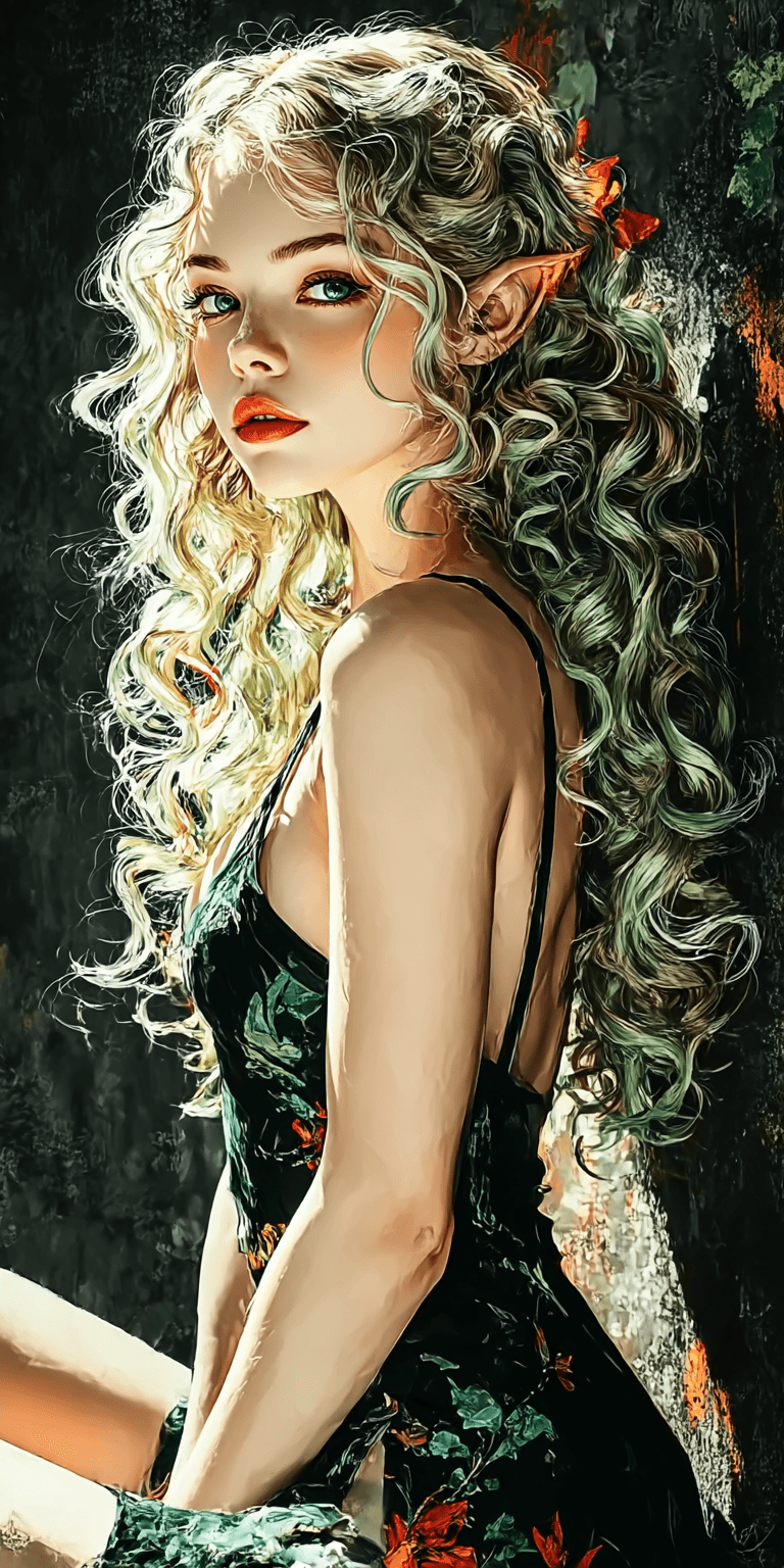 AI generated: Beautiful girl with elf-like ears, long curly blonde hair in an updo, wearing a black dress with a g...