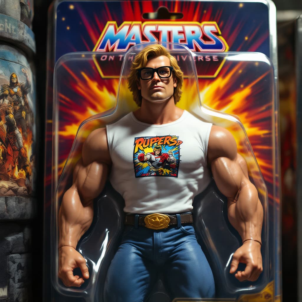 AI generated: A photo-realistic action figure packaged in a vintage 1980s He-Man style blister pack. The figure is...