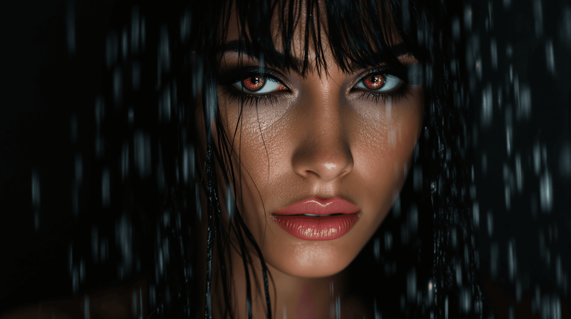 AI generated: Dark scene. An extreme closeup portrait of Lilith, a Caucasian model with striking features looking ...