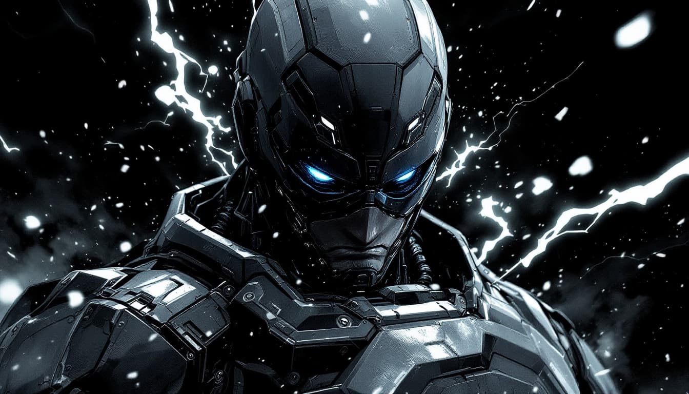 AI generated: male cyborg, dark background, Hyperrealism style, full growth, anime, blue fire in the eyes, Metal G...