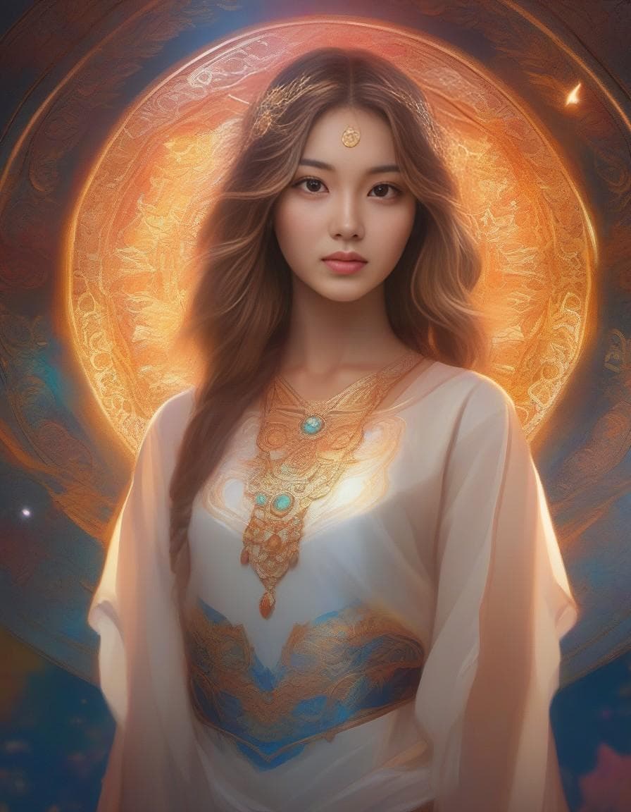 AI generated: ultra realistic photo portrait of Scarlett Leithold cosmic energy, colorful, painting burst, beautif...