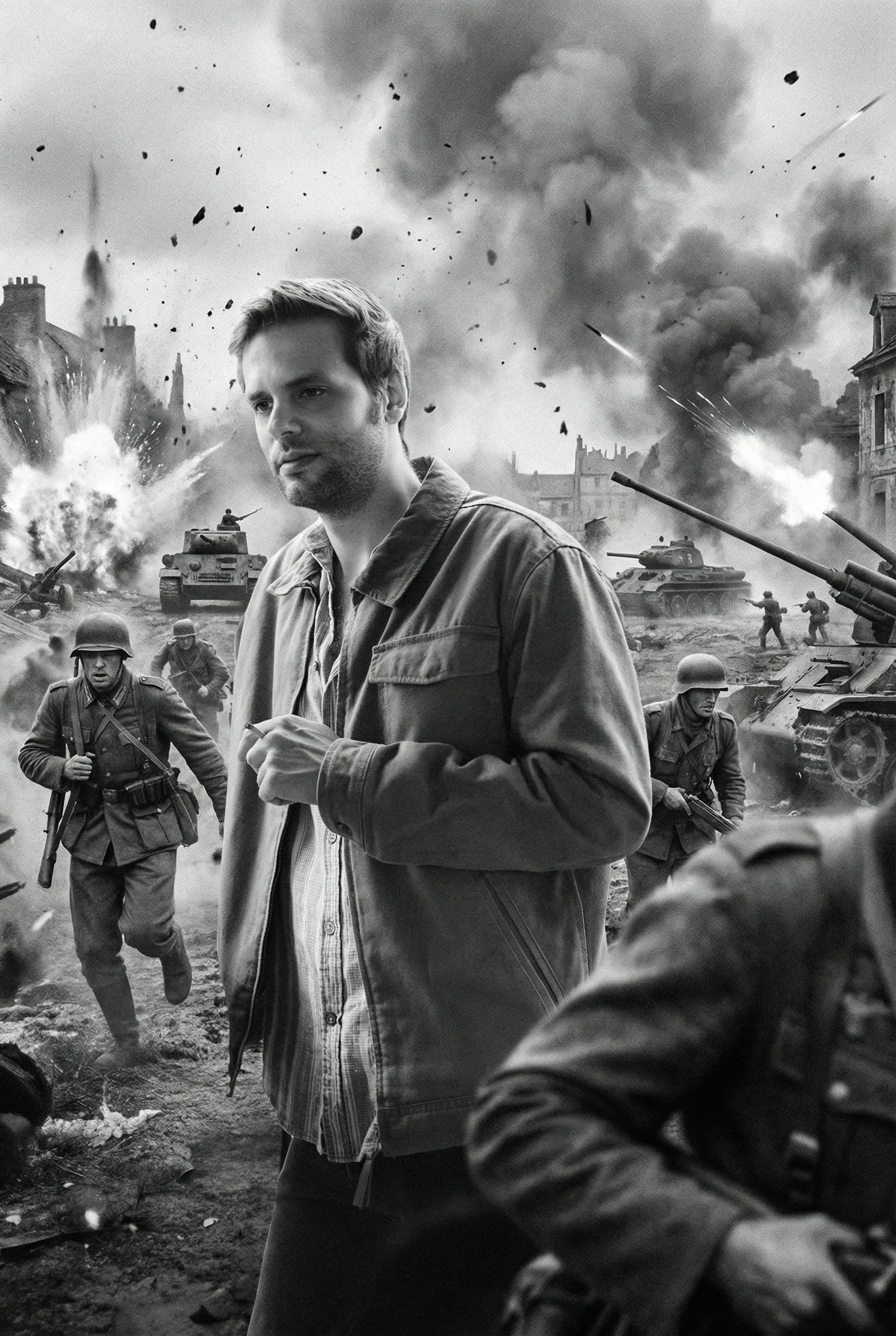 AI generated: take the man from the back and put him with a WW2 combat in the background