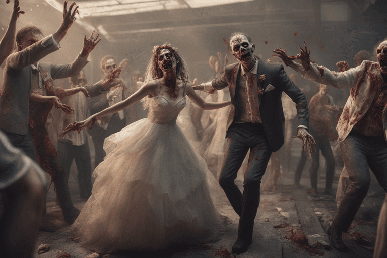 AI generated: A zombie Wedding,dancing,Musicband,rotten food,all person are Zombies,ripped dirty clothes,creepy de...