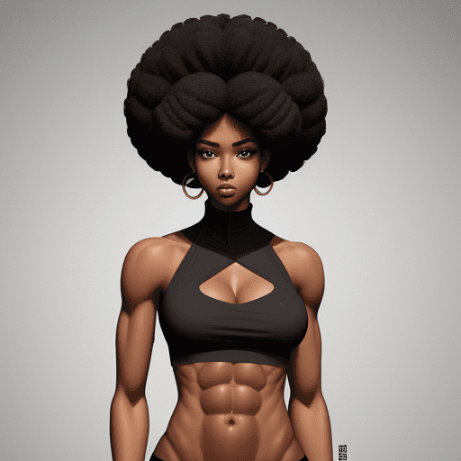 AI generated: a 6 foot tall fit black girl  with abs and an afro hairstyle    --ar 1:2 --stylize 750 --v 6