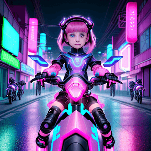 AI generated: An 8-year-old girl named Luna, a technomancer in the making, riding her cyber-motorcycle down a bust...