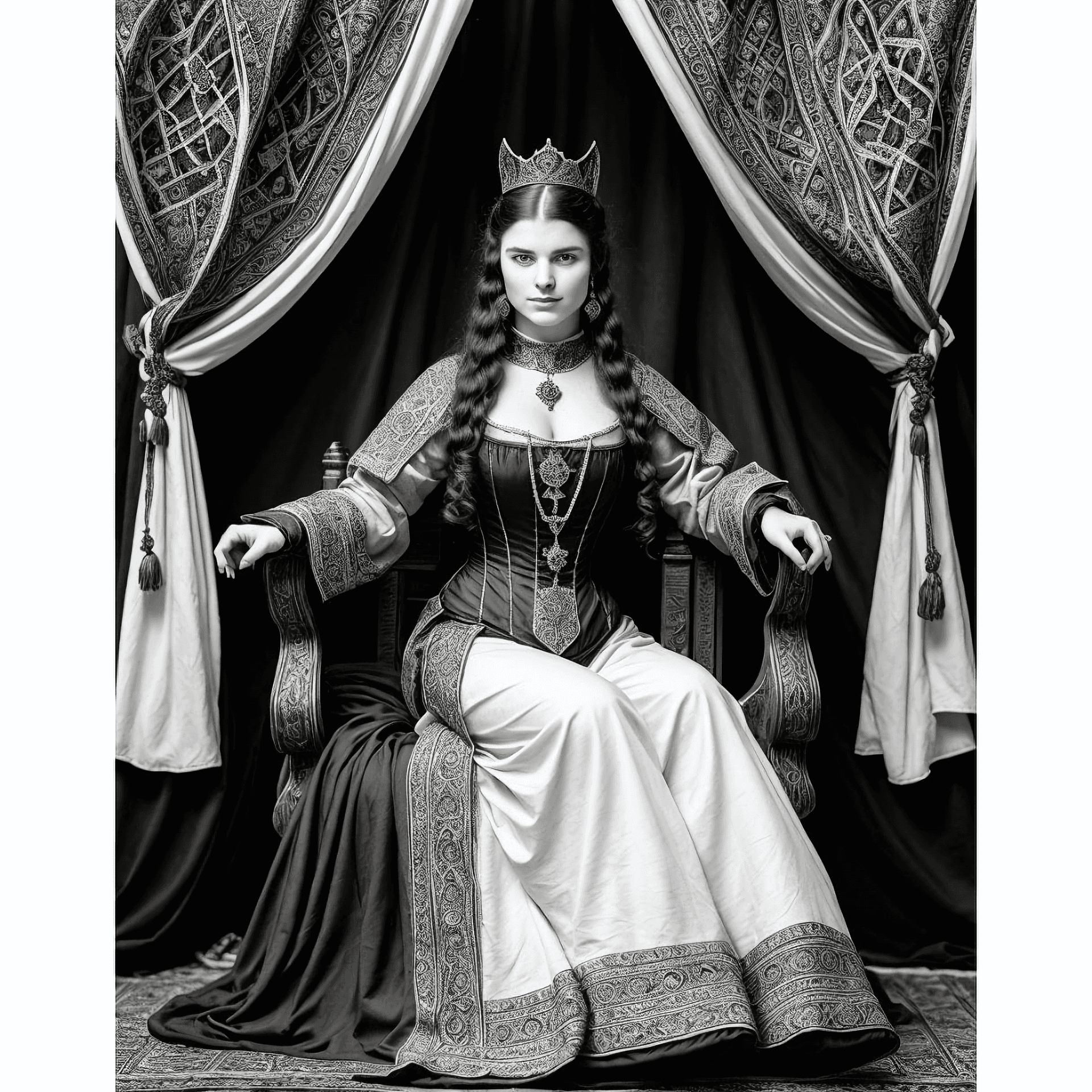 AI generated: black and white photograph of a woman in medieval dress sitting on a throne with medieval cats aroun...