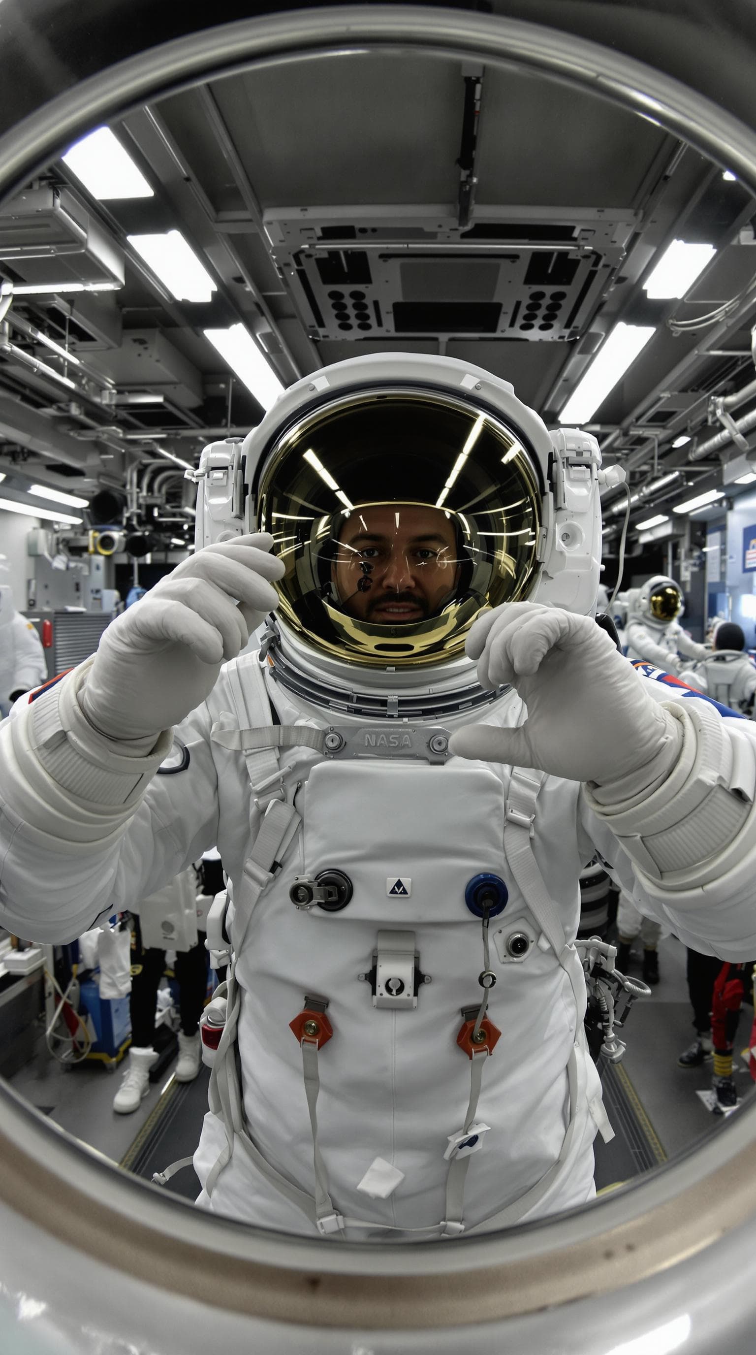 AI generated: First person POV through helmet visor with gloved hands stretched out, adjusting spacesuit straps in...