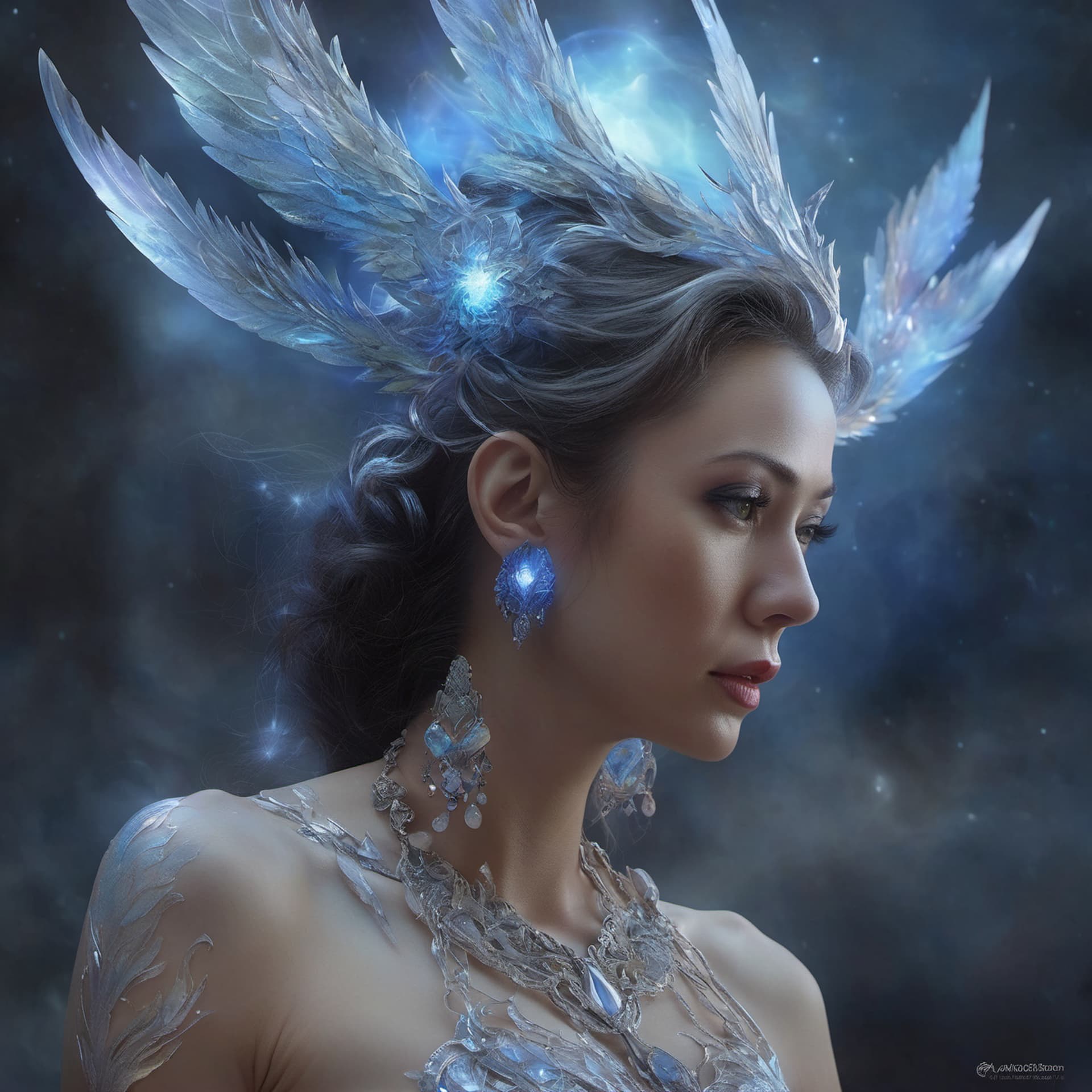 AI generated: Fantasy creature morphing from nemesis, diamond skin, sapphire hair, ice eyes, intricate detail, fan...