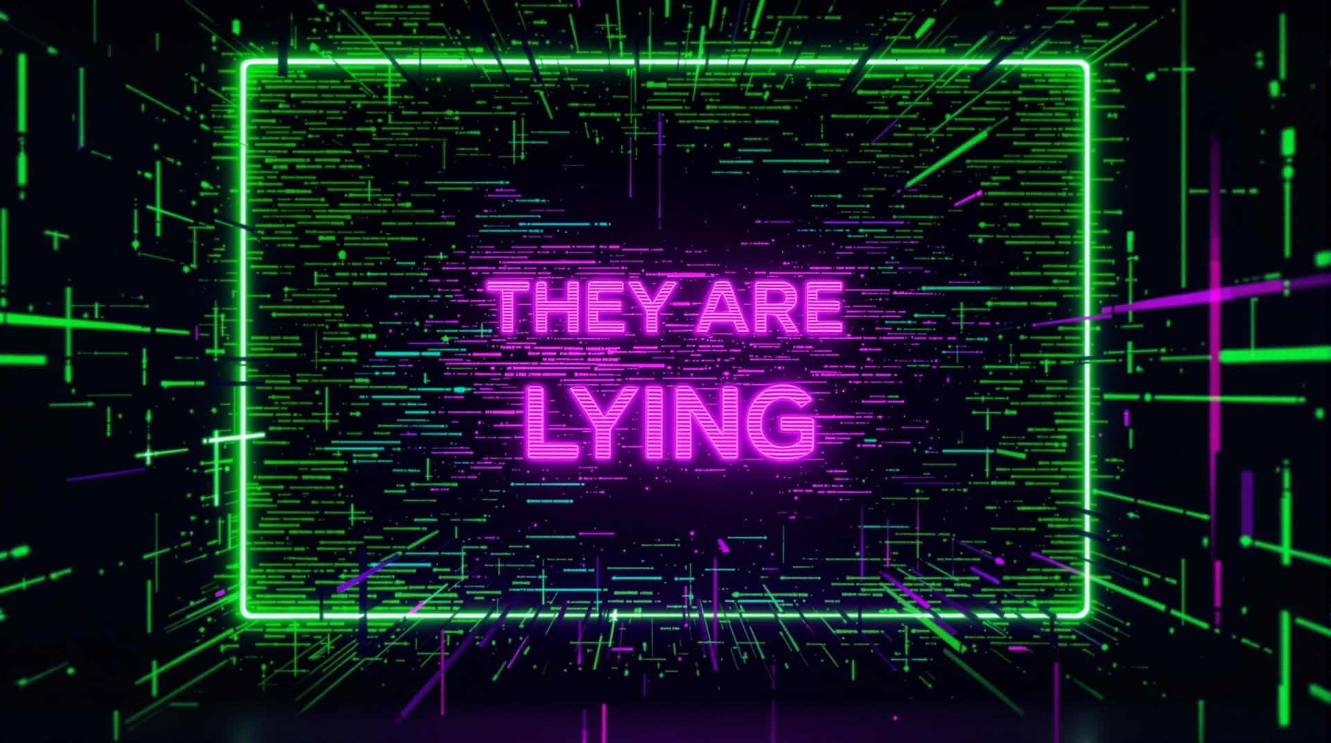 AI generated: Neon cyberpunk channel logo dissolving into static, subliminal 'THEY ARE LYING' frame, dark purple a...