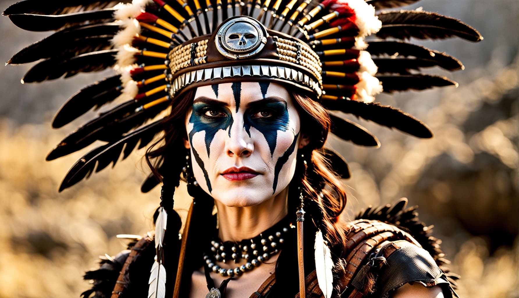AI generated: 75mm portrait photo, close-up , half-body shot, Michelle Dockery cosplaying a squaw, war face paint,...