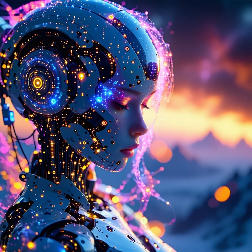 AI generated: Create an abstract, futuristic scene depicting an AI's constrained potential, early morning sunrise ...