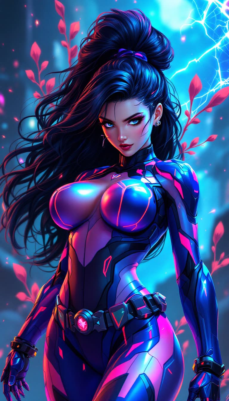 AI generated: A stunning, curvaceous female Megaman X, blending Spider-Man's agility, in a full-body, ultra-detail...