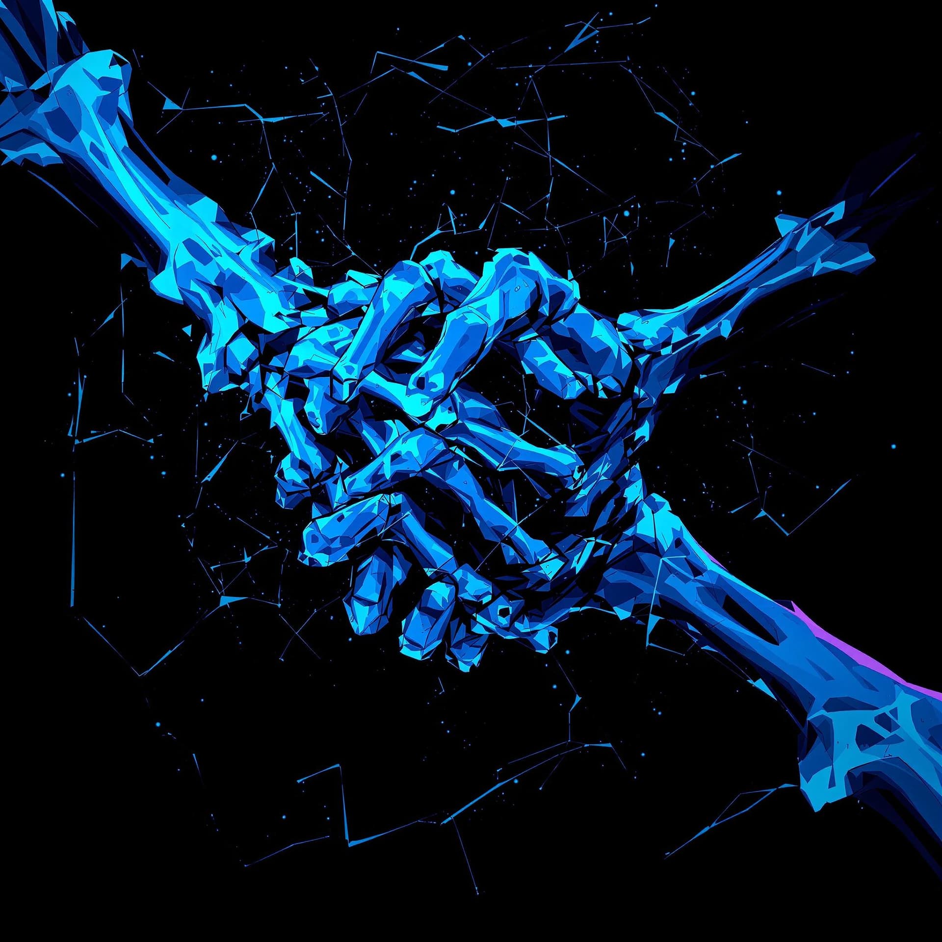 AI generated: blue bone hands tight together, anime, cyberpunk, style on black bacground,