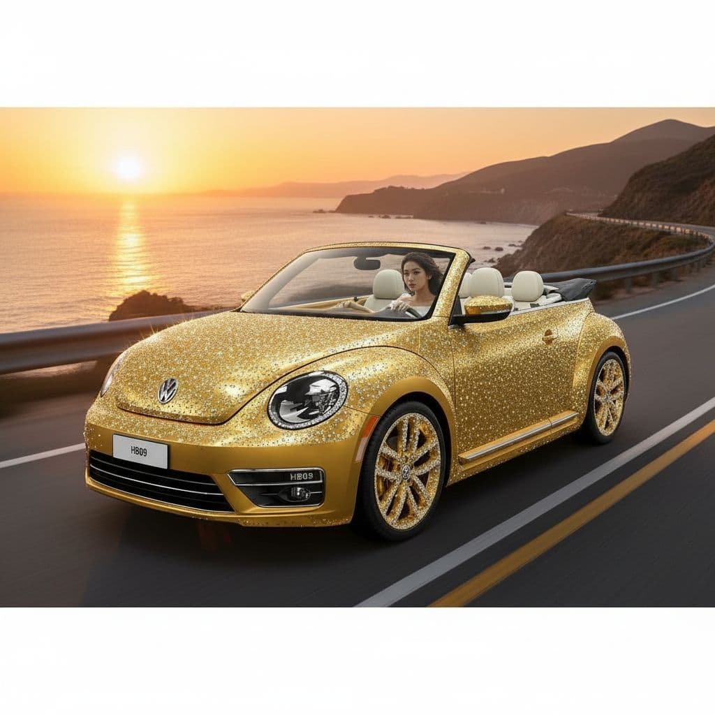 AI generated: Drive this Volkswagen Beetle.
Insert a very small "HB09" watermark onto the license plate.