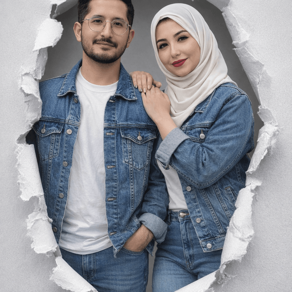 AI generated: Two Moroccan couple portraits, half-body view, emerging from realistic torn paper holes on a light g...