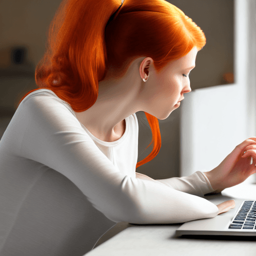 AI generated: photo of a beautiful ginger woman working at her laptop, hair is in a ponytail
