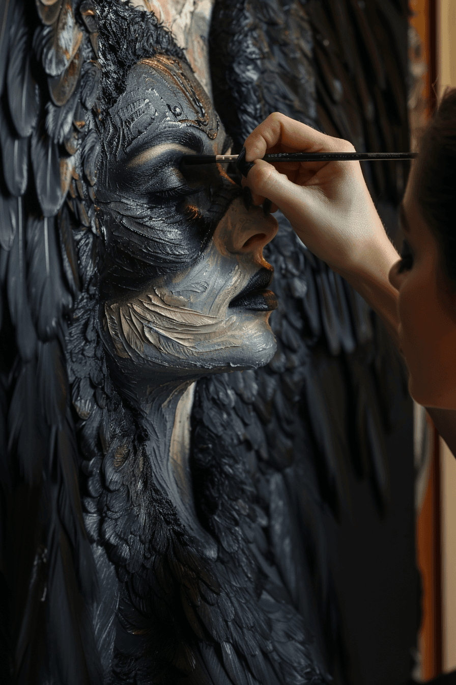 AI generated: Close up of an artist painting the face and wings on a woman with raven feathers, in the style of Je...