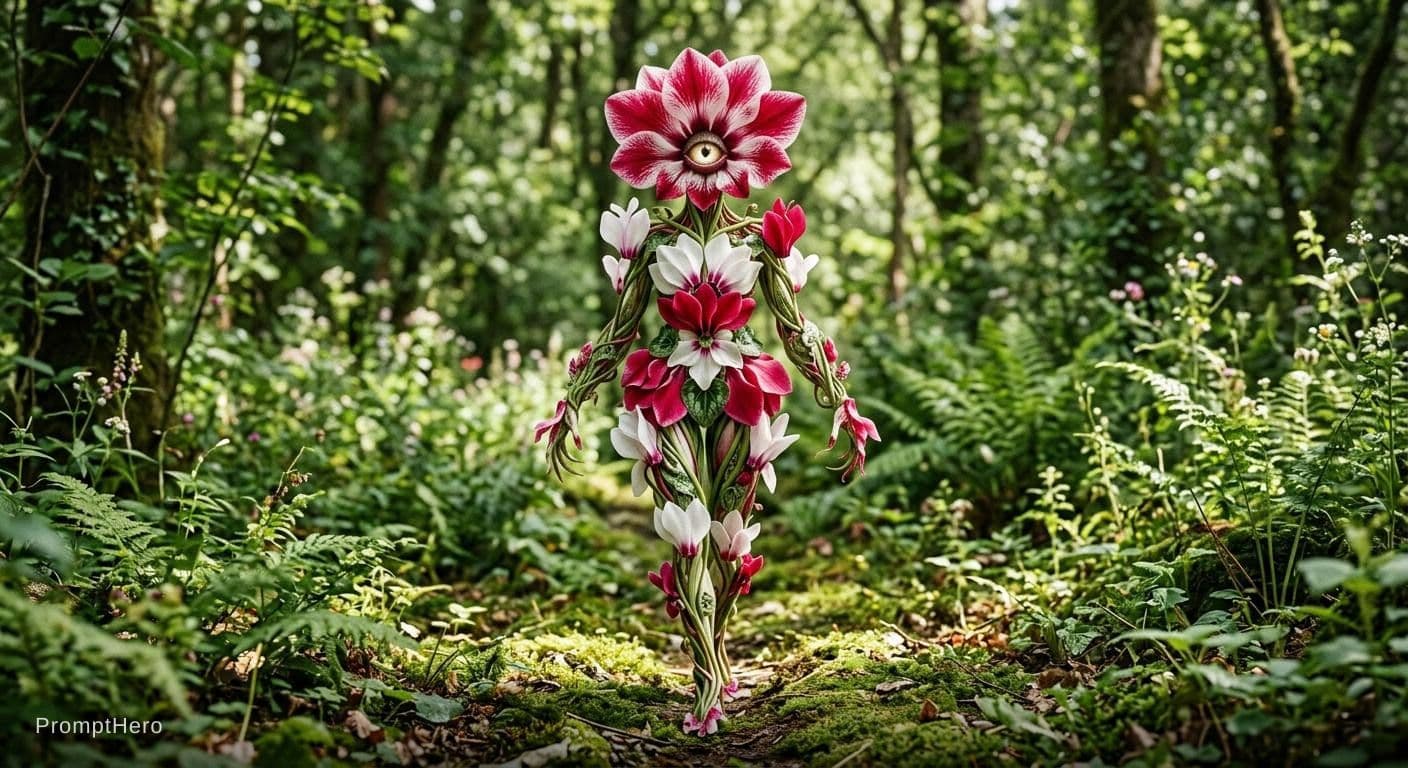AI generated: A white red humanoid cyclamen-blossom body-shaped creature.
