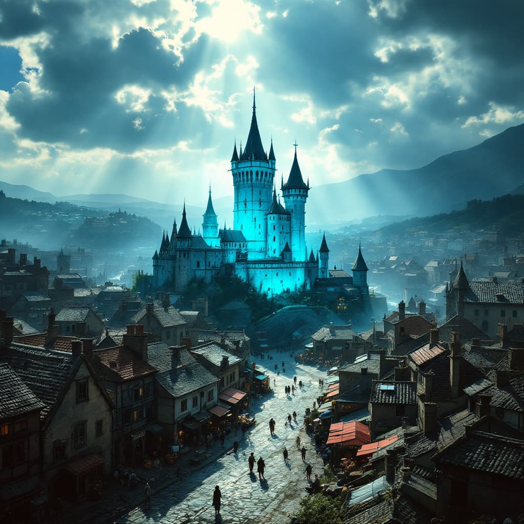 AI generated: The medieval city unfolds beneath the bird's-eye view, streets and rooftops stretching out in quiet,...
