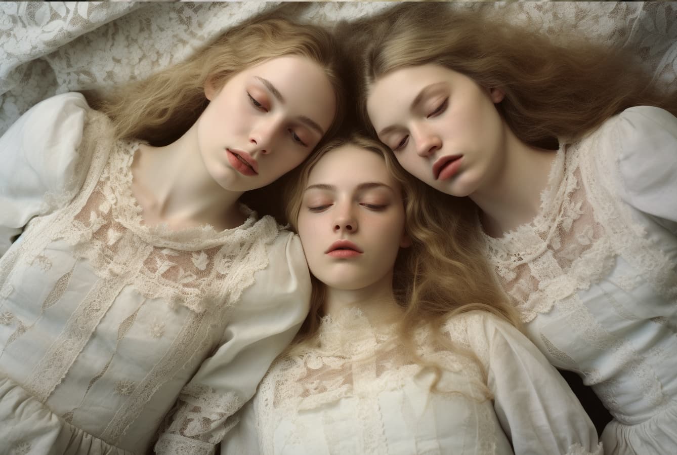 AI generated: a couple of women laying on top of a bed, style of paolo roversi, white lace clothing, beautiful gir...