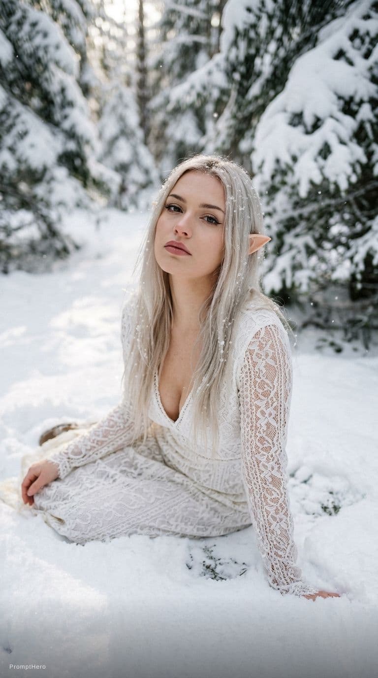 AI generated: elf girl. zelda. small elf ears. long platinum blonde hair. full lips. lips pressed together. beauti...