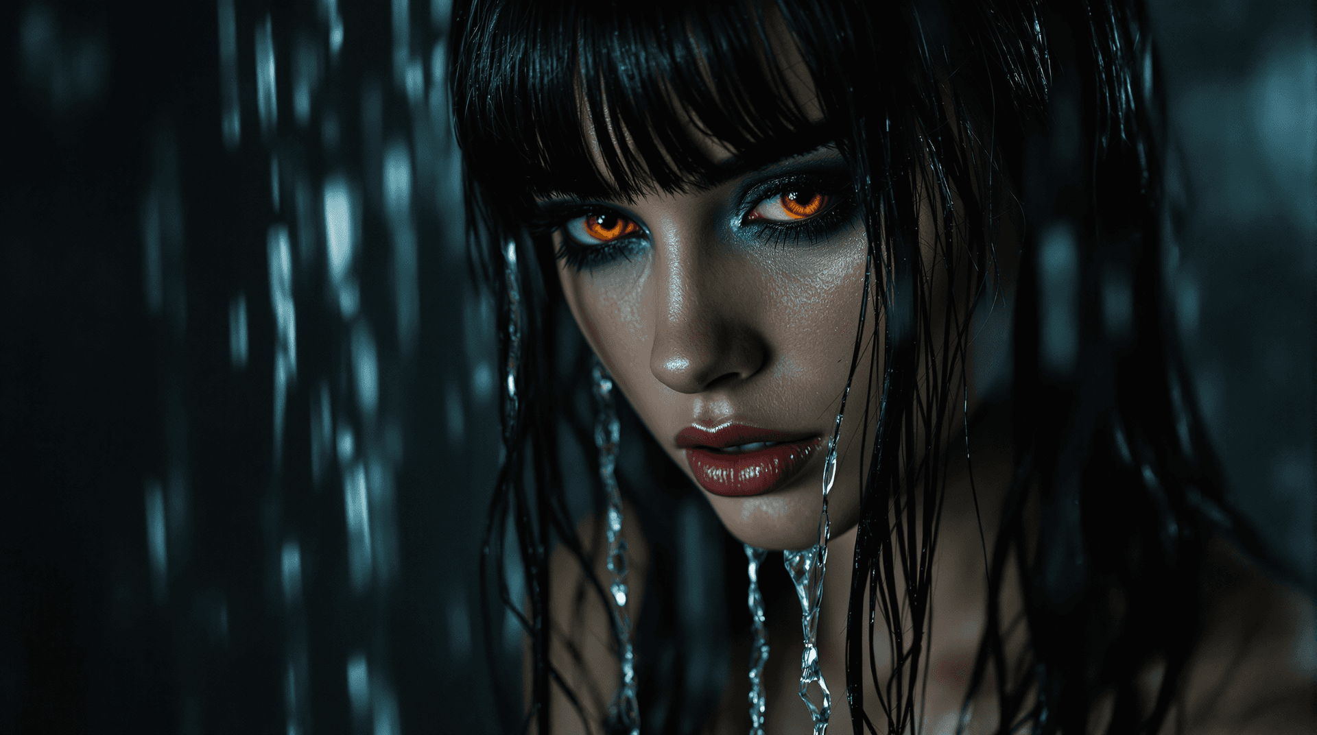 AI generated: Dark scene. An extreme closeup portrait of Lilith, a Caucasian model with striking features. She tur...