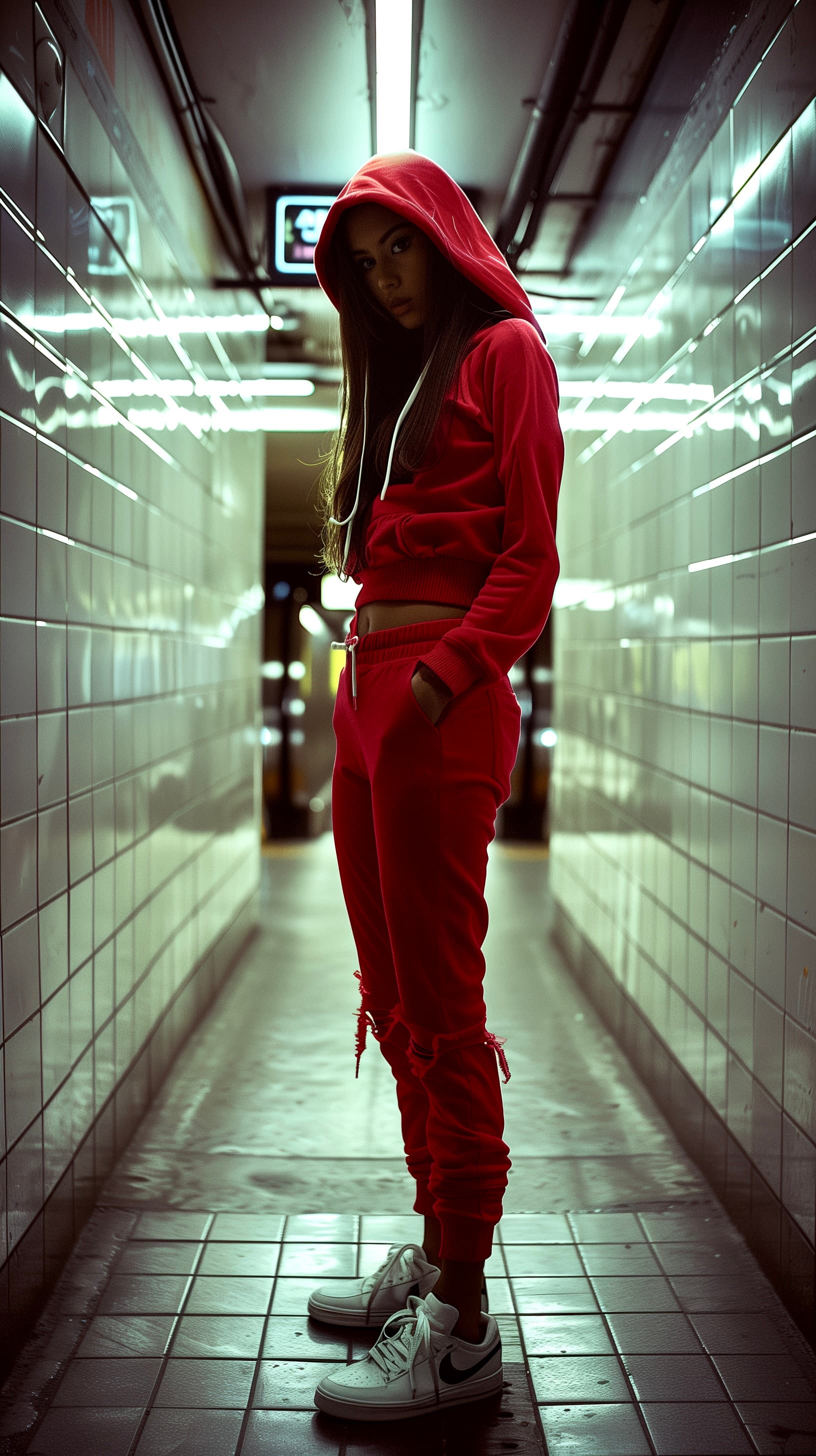 AI generated: conceptual phtography, Canon EOS-1D Mark III, aperture of f/5.6, crimson hoodied and crop pants with...