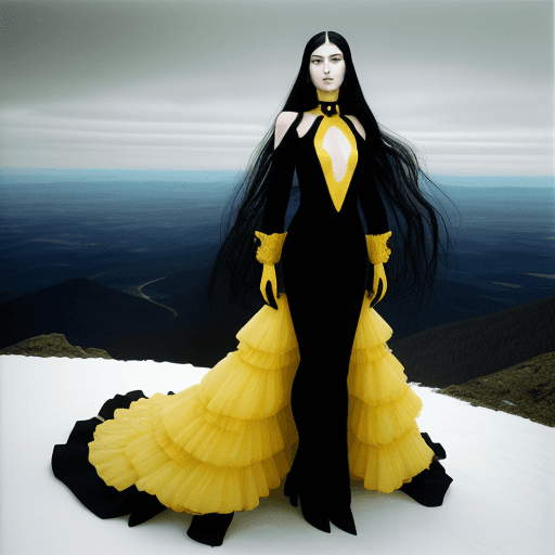 AI generated: beautiful yellow eyes model with long black hair and feminine features standing on a mountain wearin...