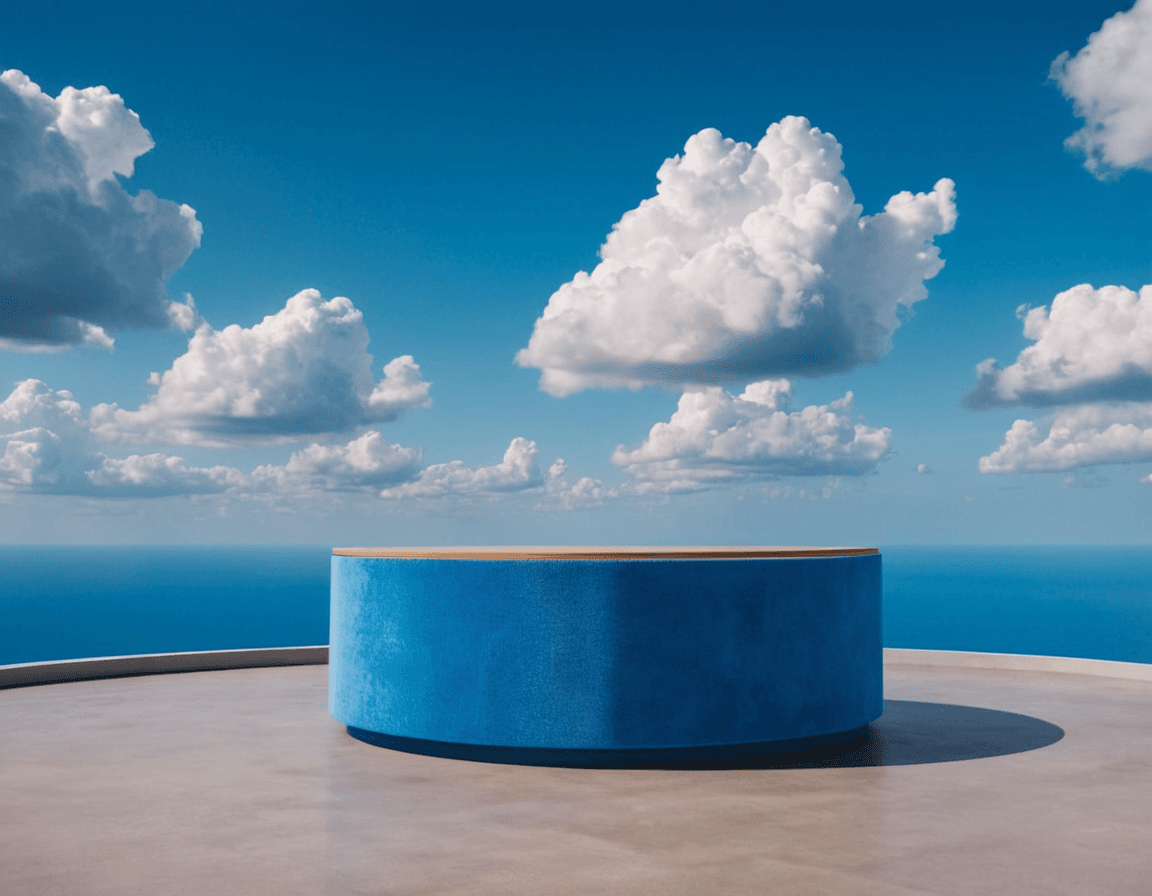 AI generated: Product photography, beautiful blue podium for product, super detalised and fashion, with puffy clou...
