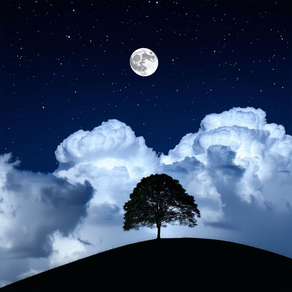 AI generated: A dark night with faint stars showing between many clouds, a full moon illuminating a single tree on...