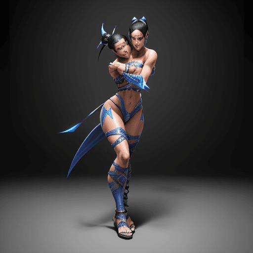 AI generated: depiction of Kitana full body, from Mortal Kombat, skimpy attire tautly hugging her form as she pois...