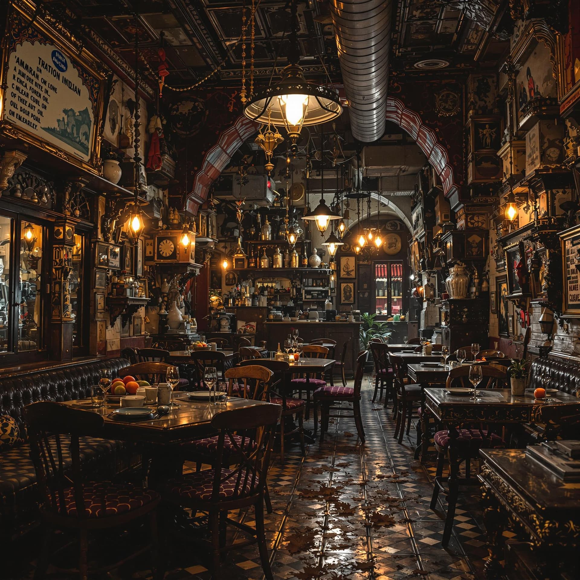 AI generated: A highly detailed, cinematic, realistic photograph of a very old Indian restaurant, taken from an in...