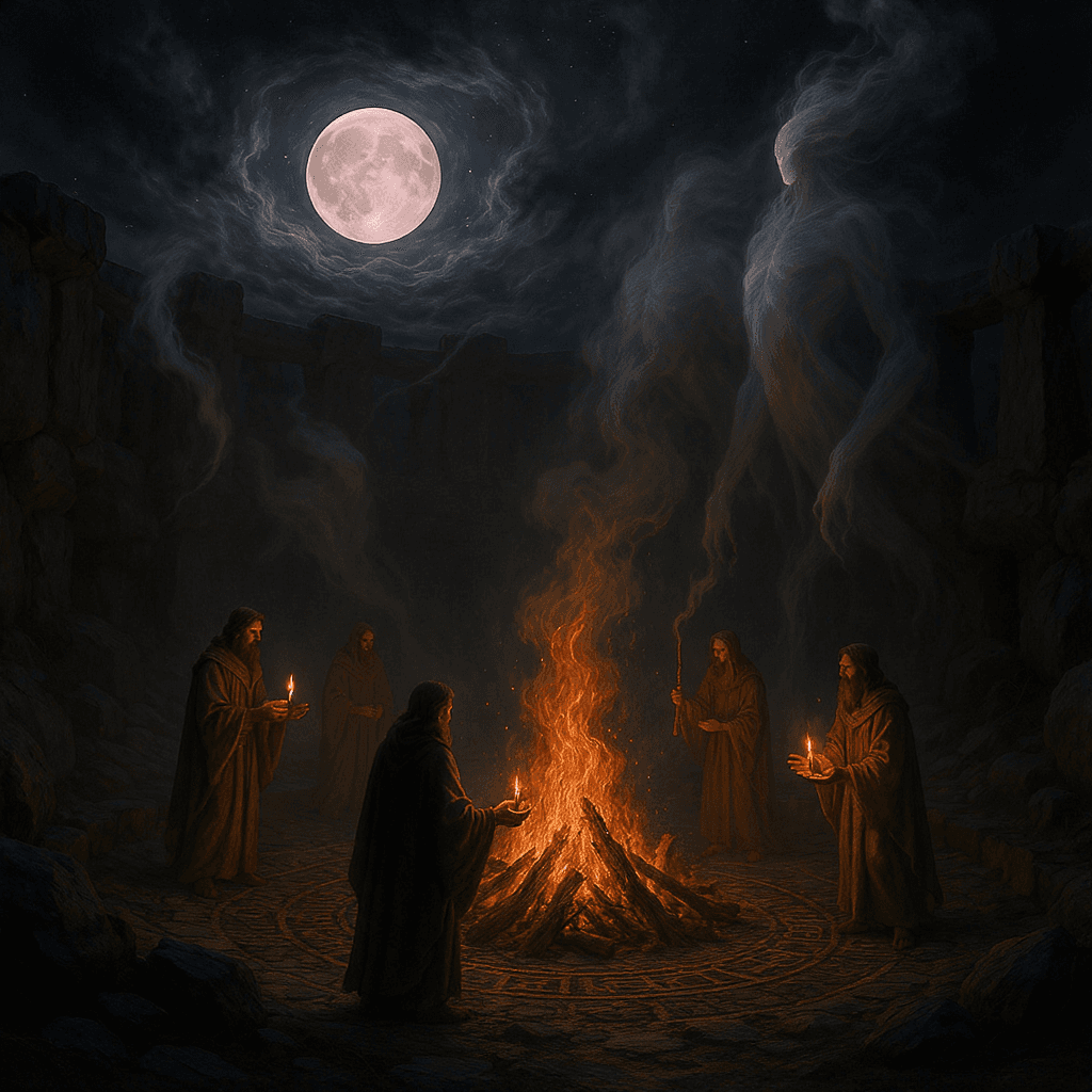 AI generated: A Druidic ritual deep in a stone circle under the blood moon, robed figures casting offerings into a...