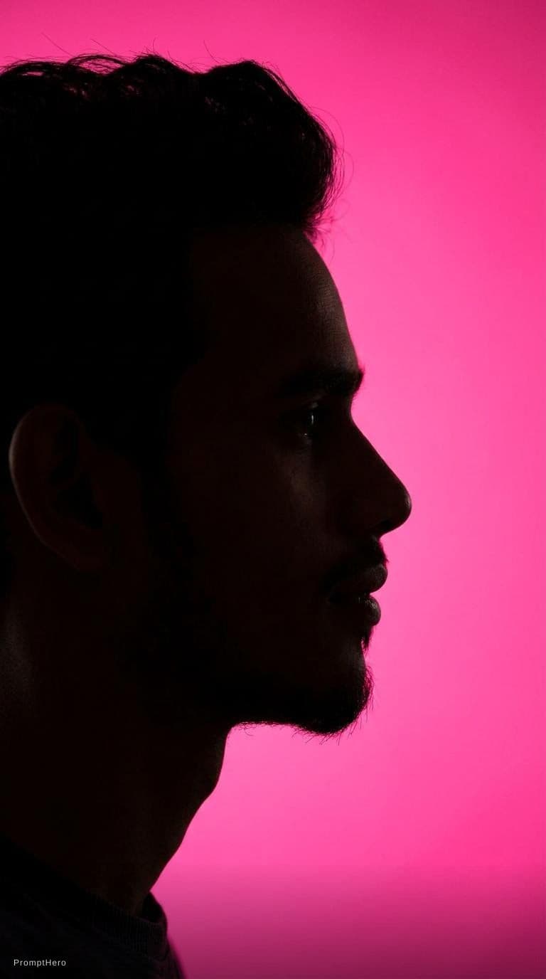 AI generated: photography, portrait of contrast, profile silhouette of a woman, vibrant hot pink backdrop, visuali...