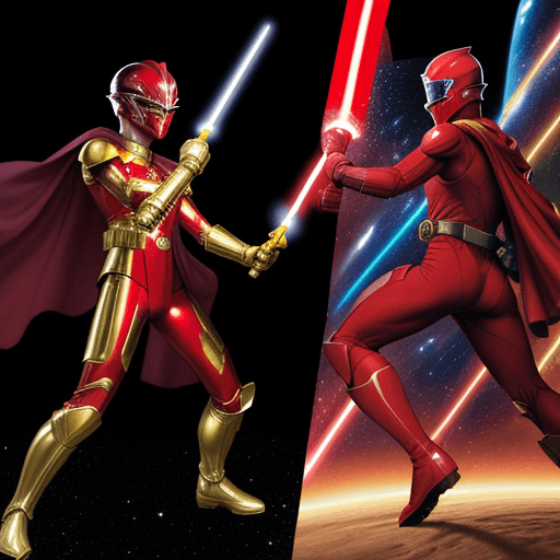 AI generated:  RED SPANDEX SUIT, WITH GOLD GLOVES AND BOOTS , wearing a RED ranger helmet HOLDING a lightsaber vs ...