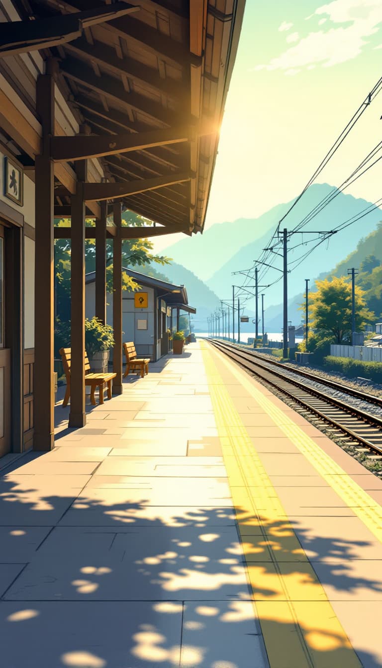 AI generated: Expressive semi realistic cartoon style illustration. Tranquil Japanese train station platform bathe...